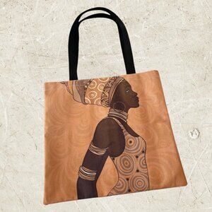 African Tribal Woman Painted Ethnic Fabric Canvas Strap Tote Bag